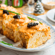 Pastel de puerros y langostinos