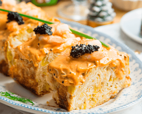 Pastel de puerros y langostinos
