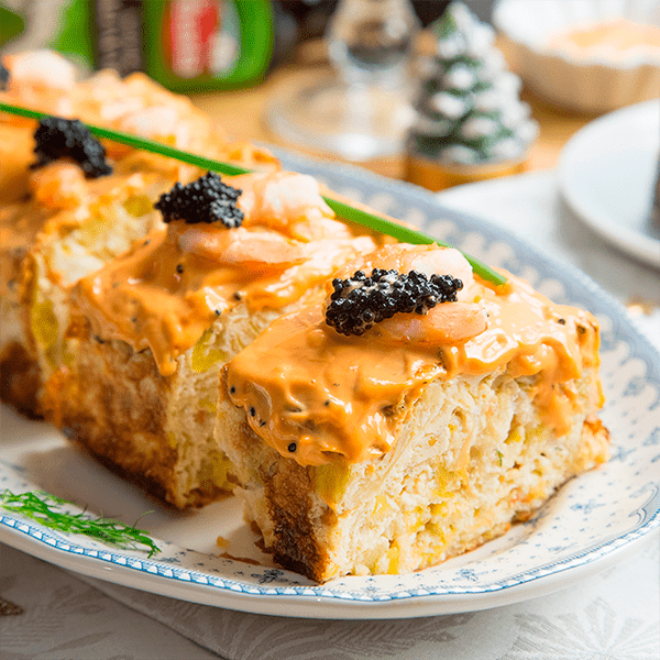 Pastel de puerros y langostinos