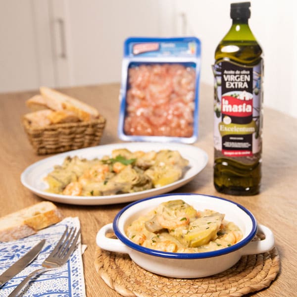 Receta casera de Alcachofas en salsa verde con langostinos