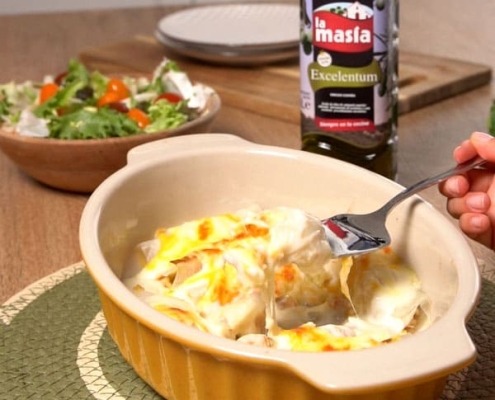Receta casera de Canelones de puerro rellenos de merluza y gambas